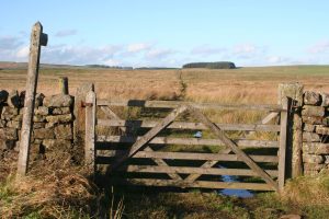 Gateway and footpath sign in open countryside