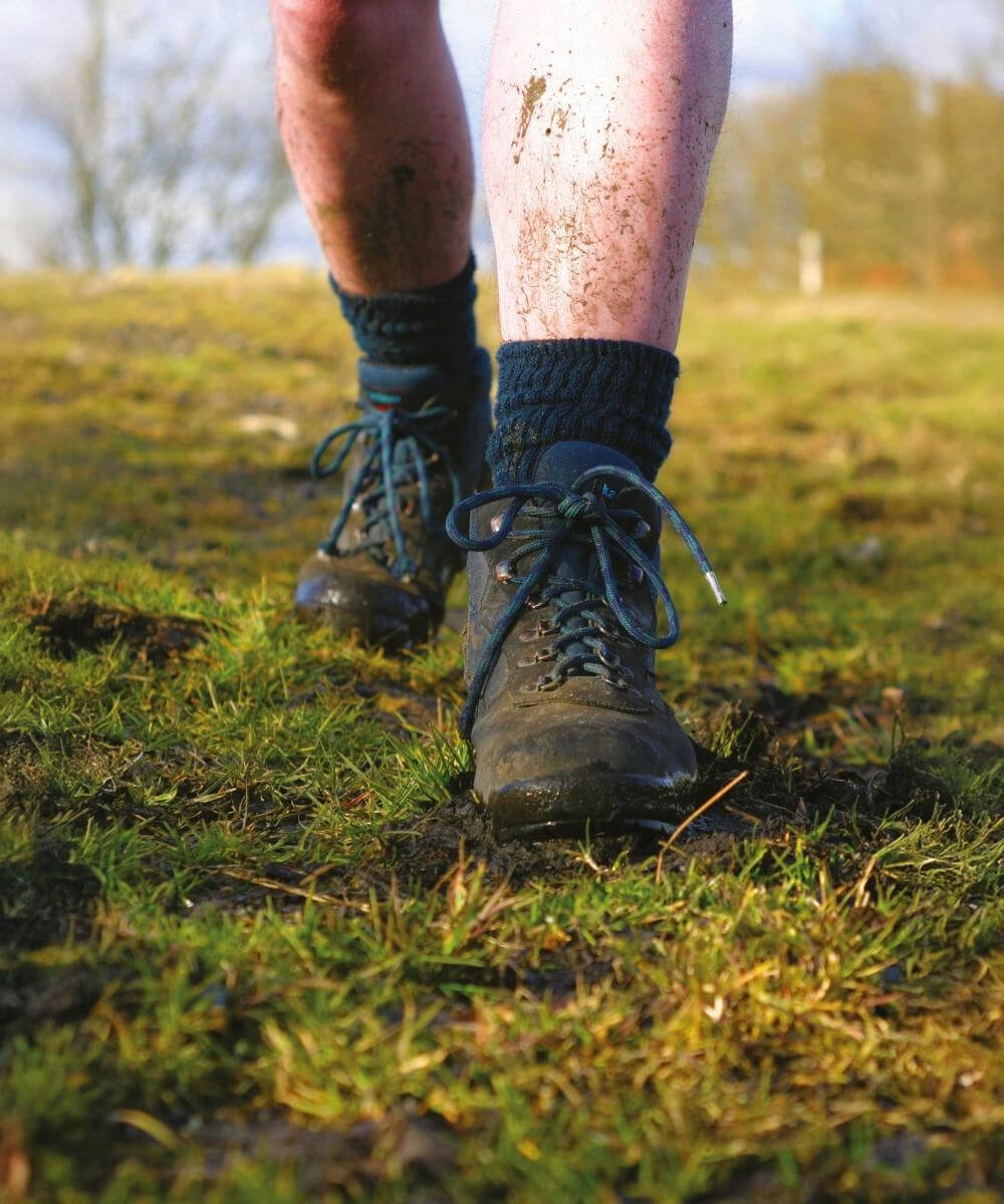 close up of a hiker's feet in boots